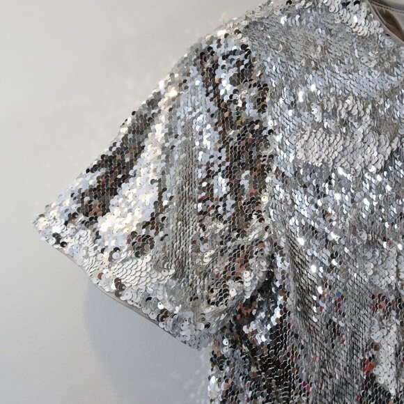 LOVERS + FRIENDS Size XS Silver Sequin Crop Top Short Sleeve Metallic Club Party - Picture 2 of 4